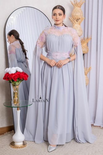 جلابية شيفون بورود مع حزام - لاريان ستور