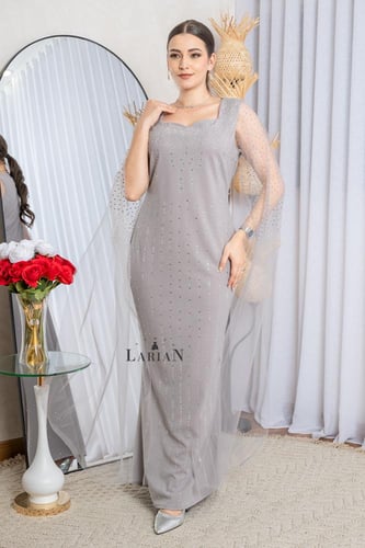 فستان رصاصي بفصوص مع اكمام تل طويل - لاريان ستور