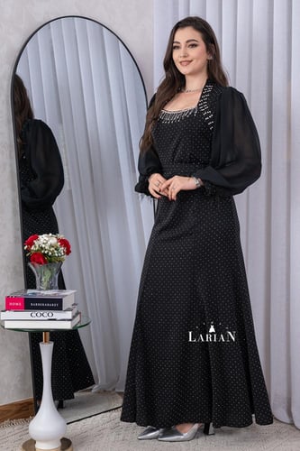 فستان اسود طويل فصوص واكسسوار علوي- لاريان ستور
