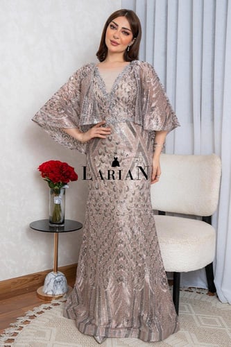 فستان سهره مطرز بقصه فراشه برسوم قرميد - لاريان ست...