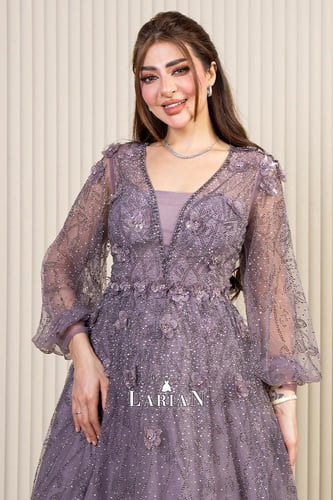 فستان تل موف مزخرف بالورد فاخر -لاريان ستور