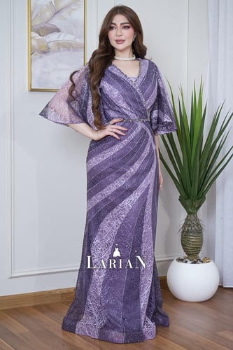 فستان سهره بنفسجي ذات رسمات فلكيه ممزوجه بالفصوص -...
