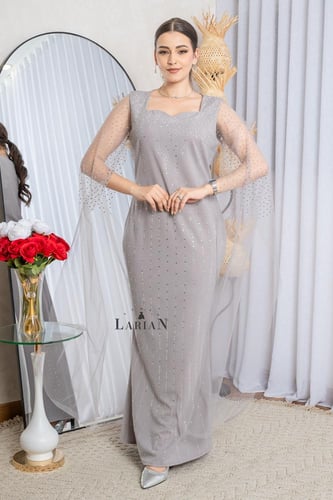 فستان رصاصي بفصوص مع اكمام تل طويل - لاريان ستور