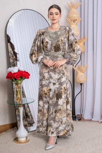 فستان مشجر بنقوش بيجيه واكسسوار انيق - لاريان ستور