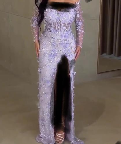 فستان تل مطرز و مورد