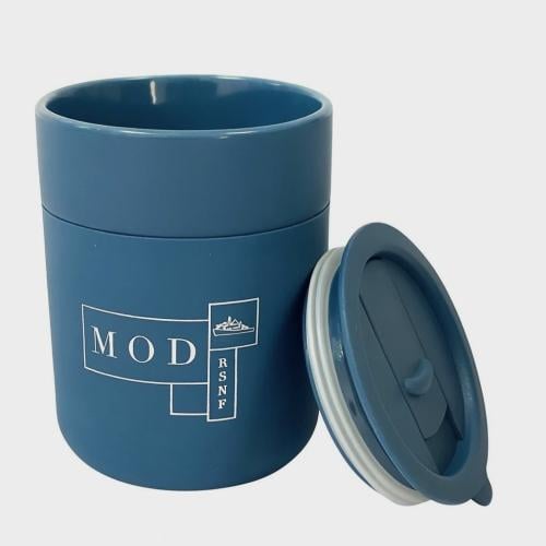 Blue ceramic mug with plastic lid