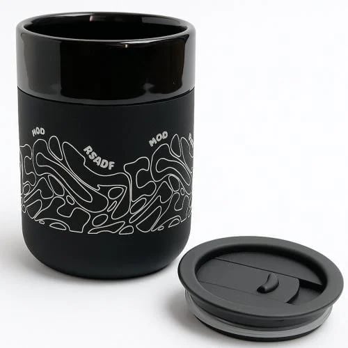 Black ceramic mug with plastic lid