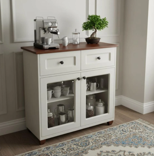 وحدة ركن قهوة خشبية بيضاء بسطح بني وأبواب زجاجية