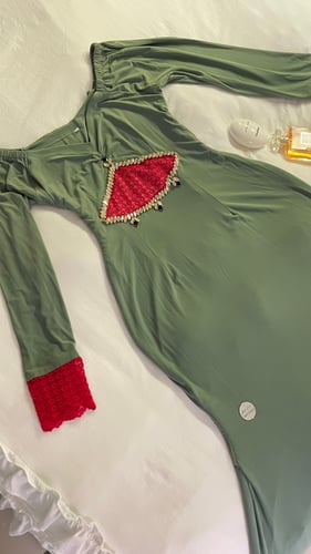 Original stretch dress with crystal and embroidery on the sleeves