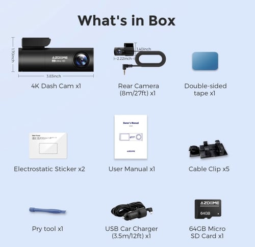 Azdome dash cam m300sداش كام اماميه 4K وخلفية 2m