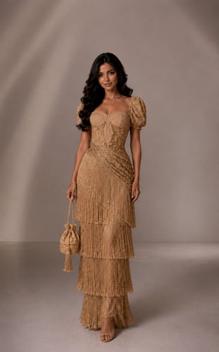 Evening couture dress in golden champagne color