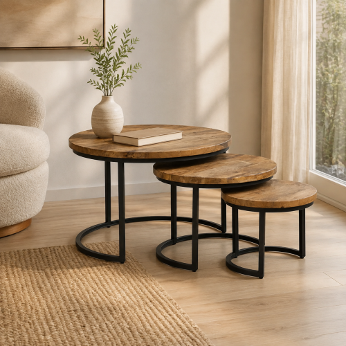 WOODEN IR ROUND COFFEE TABLE SET OF 3
