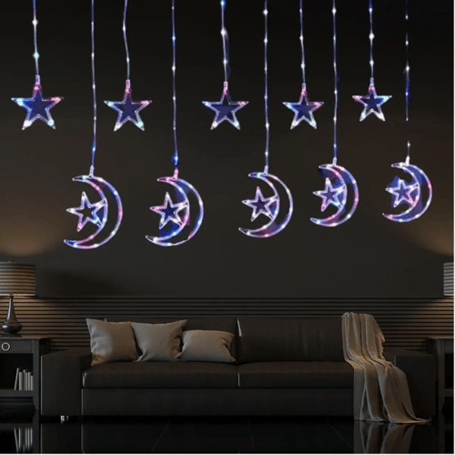 زينة رمضان هلال ونجمة مضيئة بألوان مختلفة