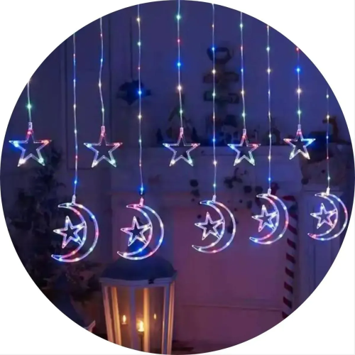 زينة رمضان هلال ونجمة مضيئة بألوان مختلفة