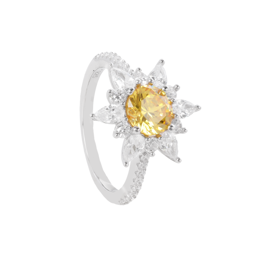 خاتم فضة بأحجار زركون أصفر و شفافه عيار 925K