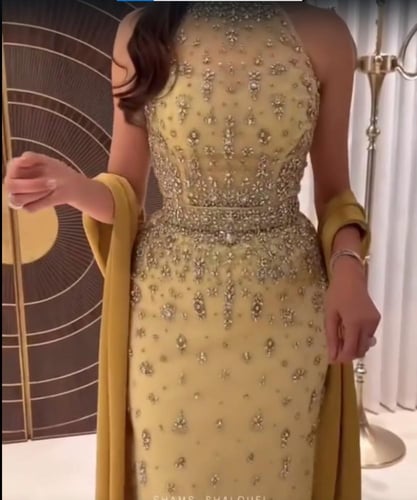 فستان سهره تفته وتل تطريز وشال تفته