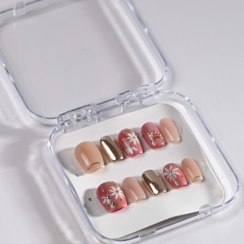 Trend Pink Floral With Gold Touch N5 Press-On Nail...