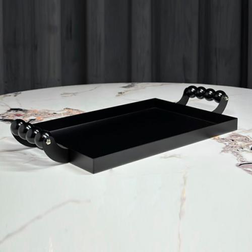 صنية تقديم مستطيل معدن اسود بيد خرز اسود 6212