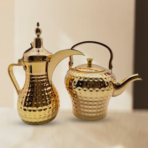 طقم دلة مع براد حب الرمان نحاسي 1.6لتر باصرة 23961