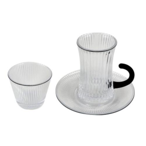 طقم بيلات وفناجين مع الصحن 36 ق شفاف مضلع يد اسود...