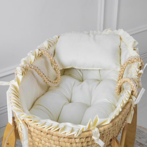 سلة موسى قش بقماش قطن سكري بإطراف مكشكشة