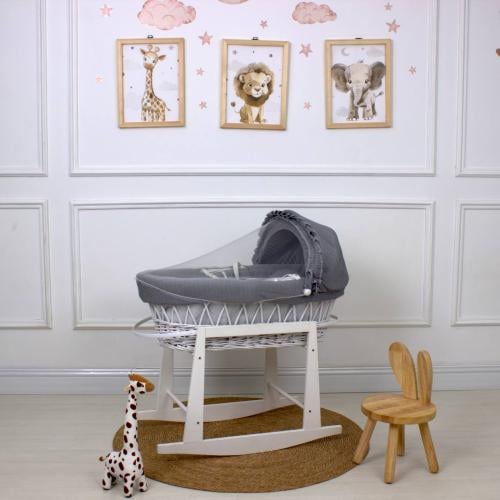 سلة موسى (خيزران ابيض) بقماش مقلم رمادي