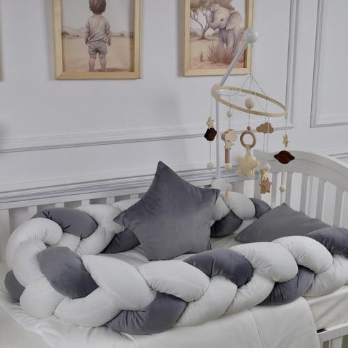 مفرش سرير أطفال ظفيرة 5 قطع رمادي لحماية وراحة مثا...