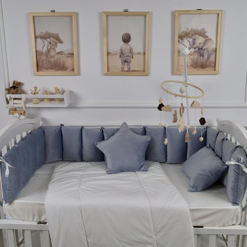 مفرش سرير أطفال مخدات 5 قطع ازرق لحماية وراحة مثال...