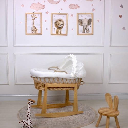 سلة موسى (خيزران خشبي) بتلبيسة قماش مقلم اوف وايت