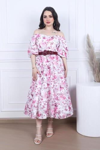 فستان قصير بناتي مورد بأكمام بف قصيرة وحزام فوشي