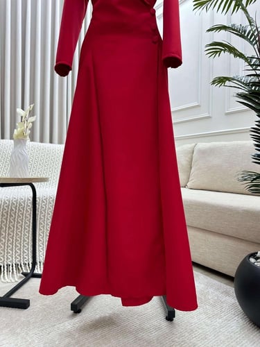 فستان العيد ناعم ساتر أحمر بأكمام وياقة رسمية