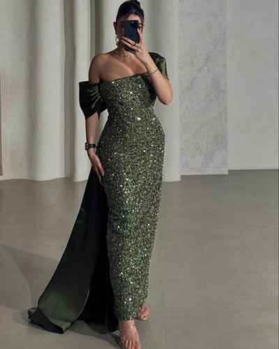 فستان سهره لون زيتي ميكادو فخم