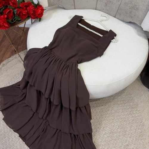 فستان العيد قصير طبقات لونين بني + عودي