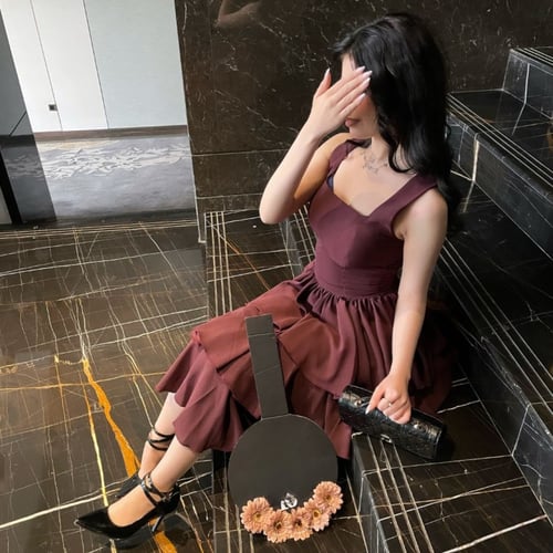 فستان العيد قصير طبقات لونين بني + عودي