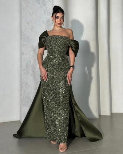 فستان سهره لون زيتي ميكادو فخم