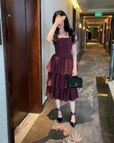 فستان العيد قصير طبقات لونين بني + عودي