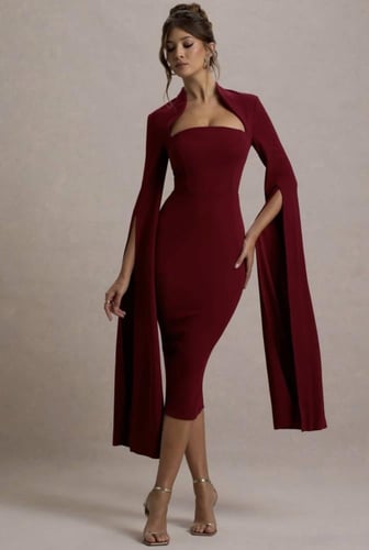 فستان سهرة جاهز ضيق بياقة عالية أنيقة وأكمام كاب م...