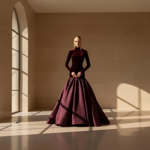 فستان سهرة فخم بلون عنابي من المخمل والتفته