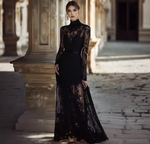 فستان أنيق بتصميم كلاسيكي من الدانتيل بأكمام طويلة...