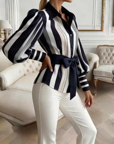 قميص نسائي مخطط بألوان متناقضة، بأكمام طويلة منفوخ...