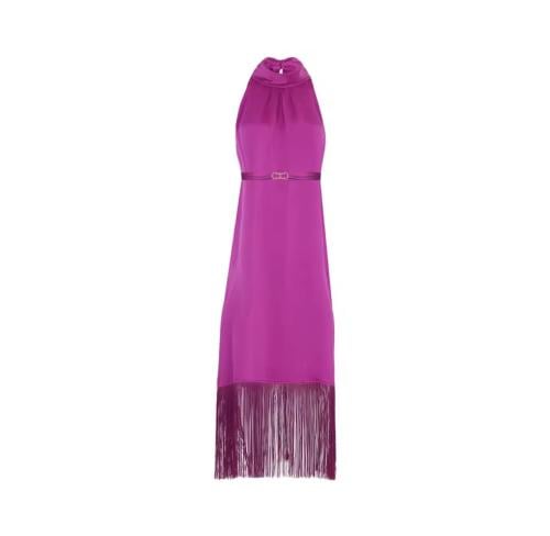 فستان فوشيا فاخر – Halter Satin Fringe بتصميم أنيق...