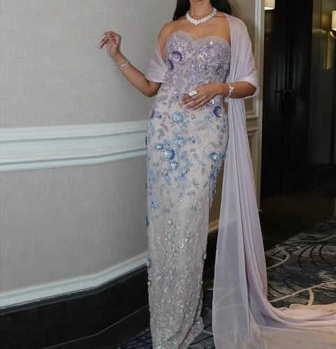 فستان سهرة أزرق مطرز فاخر مع شال ملكي | فستان خطوب...