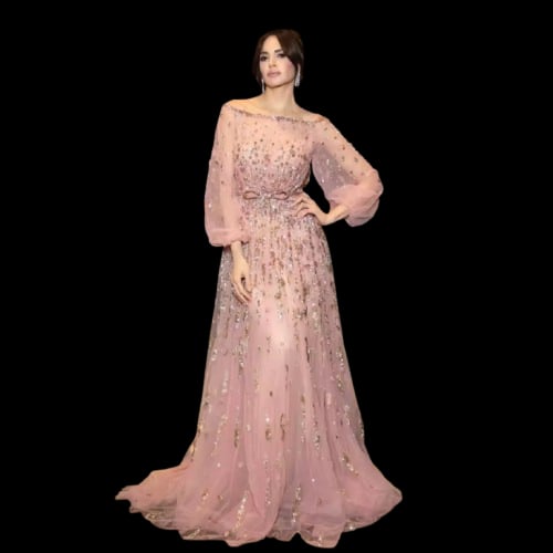 ‎فستان سهرة أنيق بأكمام طويلة مزين بالخرز والترتر...