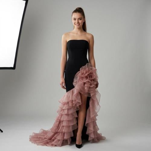 فستان سهرة أسود ميرميد بطبقات شيفون وردية ووردة در...