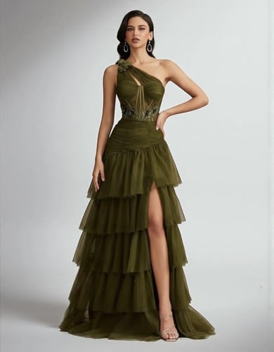 فستان باللون الزيتوني من التول المكشكش للحفلات وال...