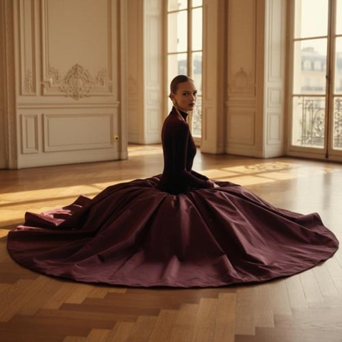 فستان سهرة فخم بلون عنابي من المخمل والتفته