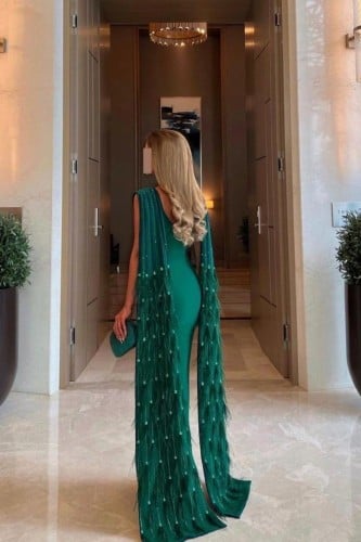 فستان ASLEN اخضر بتطريز يدوي من الخلف