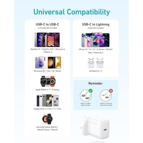 فيش ثلاثي جداري انكر 20 واط مع شاحن تايب سي 1.5 مت...