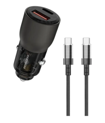 شاحن سيارة بورودو 95 واط شفاف مع كابل USB-C بطول 0...