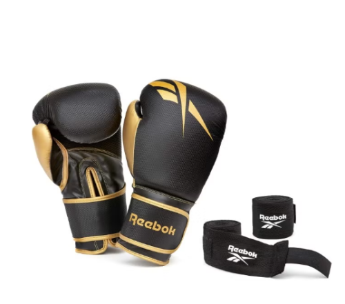 طقم قفازات ملاكمة ريبوك 12 أونصة + لفائف يد – ذهبي...